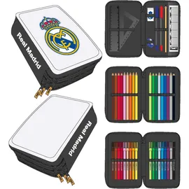 Cerdá LIFE'S LITTLE MOMENTS Federmäppchen mit Zubehör von Giotto Real Madrid, mit Bleistiften, Filzstiften und Kugelschreibern, Dreifach-Schuletui für Fußballfans