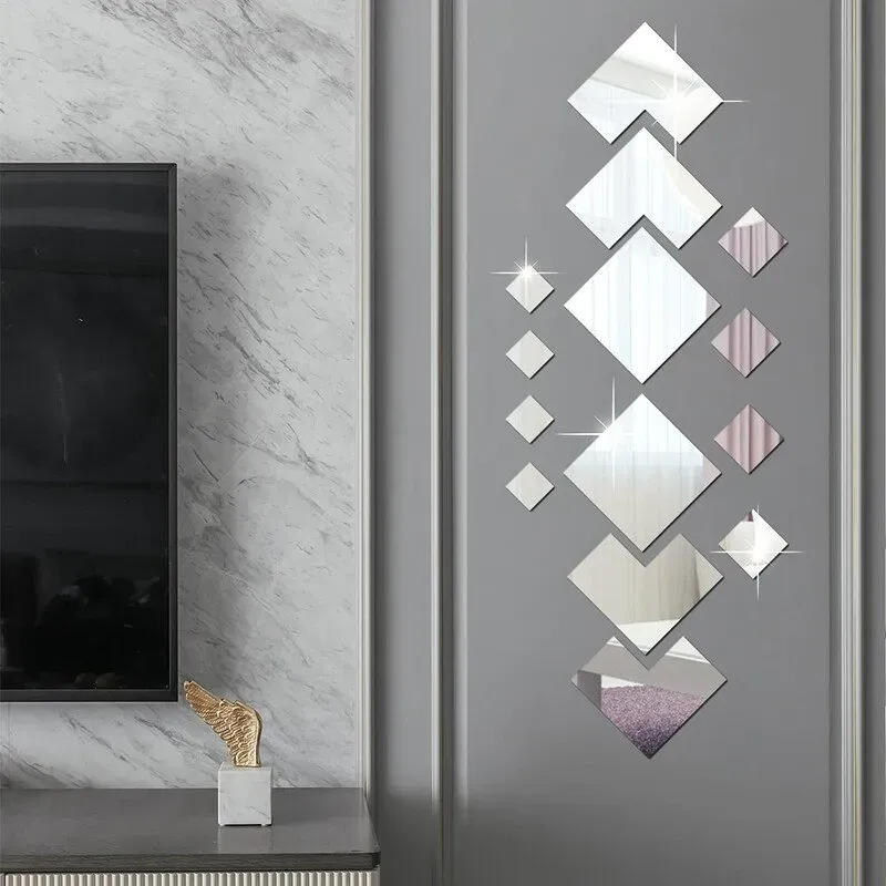 16 Stück PVC-Spiegelaufkleber, ineinandergreifende diamantförmige Spiegelaufkleber, Mehrstück-Set aus silbernen Spiegeln, selbstklebender hochauflösender Wohnzimmer-Spiegel, personalisierter künstlerischer Dekorationsspiegel für Flur und Badezimmer (1,7-9,5 cm)