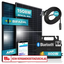 SUNNIVA® Balkonkraftwerk BIFACIAL Black Frame 1508W/800W Solaranlage mit 800W Astro Energy Micro Wechselrichter Wifi Bluetooth, upgradebar drosselbar, 2x580W Solarmodule, 5m Kabel, Photovoltaikanlage