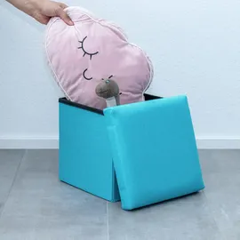 Intirilife Faltbarer Sitzhocker 30x30x30 cm in HIMMEL BLAU - Sitzwürfel mit Stauraum und Deckel aus Stoff in Leinen Optik - Sitzcube Fußablage Aufbewahrungsbox Truhe Sitzbank