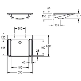 KWC AR Einzelwaschtisch, MEDCARE, MIRANIT, 650x150x550 mm, weiß/grau, Griff