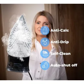 Lehmann Bügeleisen Dampfbügeleisen Keramikfuß 3000W Calc-Clean-Funktion 9in1 | hohe Dampfleistung | geringes Gewicht | Schwarz