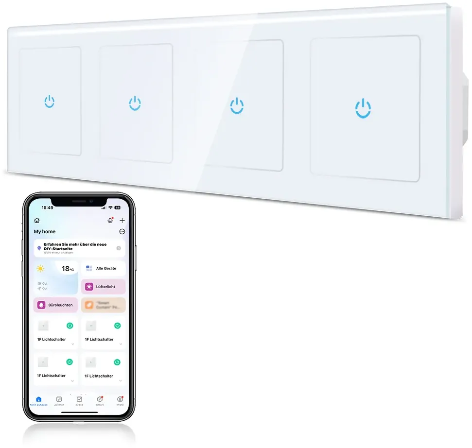 CURRYSMARTER 1Fach 1Weg WLAN Smart Lichtschalter 10A - 4Fach