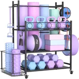Yeabett Hantelständer, Heavy-Duty Fitness-Equipment-Organizer mit 4 Rädern & 6 Haken, Kurzhantel Regal für Home-Gym - Lagert Kettlebells, Yogamatten, Widerstandsbänder