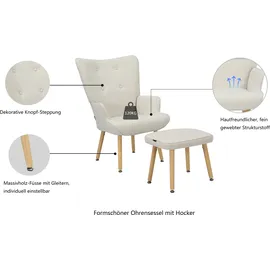 otto home Ohrensessel OTTO HOME "PERHAM, Sessel mit Hocker im Set, Knopfheftung, Massivholz-Füße", beige (creme), B:68cm H:99cm T:73cm, metal frame, plywood, foam, fabric, rubber solid leg, Sessel, Ohrensessel, komfortabler Relaxsessel und Sitz-Hocker mit