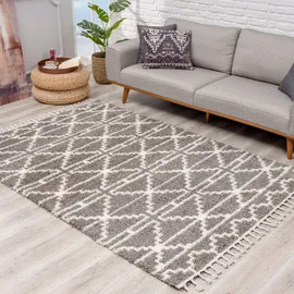 Carpet City Hochflor-Teppich CARPET CITY "Pulpy 530" Gr. 3, grau, B:160cm H:30mm L:230cm, Kunstfaser, Teppiche, Fransenteppich, besonders weich, mit Fransen, Geo-Muster