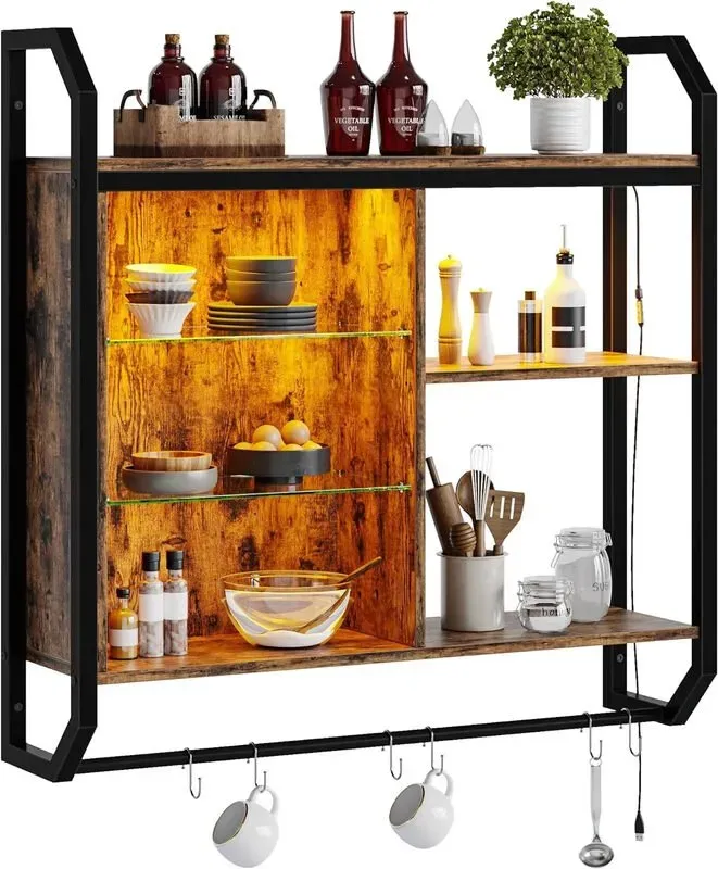 Bestier LED-Küchen-Wandregale, 84 cm Industrielle Rohrregale mit verstellbaren Glasregalen, Wandregal mit 6 S-Haken, Handtuchhalter, Wein-Kaffee-Bar-Regal zur Raumdekoration, Rustikal, Braun