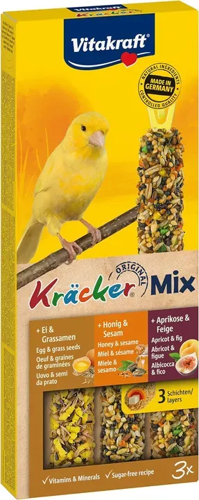 Vitakraft -21229-, Cracker Trio-Mix (Eigras-Samen / Aprikose-Feige / Honig-Sesam) für Kanarienvögel 80g
