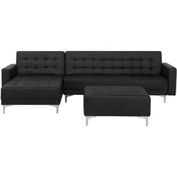 Schlafsofa Kunstleder schwarz rechtsseitig mit Ottomane ABERDEEN