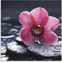 Glasbild ARTLAND "Stillleben mit Kiesel und einer Orchidee", pink (farbe bild(er): pink), B:40cm H:40cm, Bilder, in verschiedenen Größen