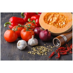 Wallario Glasbild, Kürbissuppe – Zutaten mit Tomaten, Knoblauch, Zwiebeln und Pfeffer, in verschiedenen Ausführungen braun