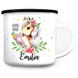 Wandtattoo Loft Kindertasse mit Namen und Pferde Motiv, Emaille Tasse Kinder mit Namen, Camping Tasse Kinder, Kindertasse personalisiert, Schulkind Tasse mit Namen, Trinkbecher Mädchen Einschulung