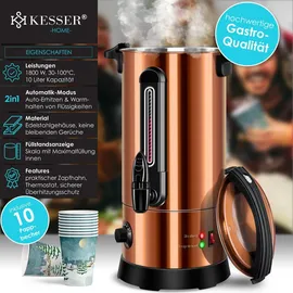 Kesser KESSER® Glühweinkessel 10L Edelstahl Inkl. 10x Becher Glühweinkocher mit Thermostat Glühweinautomat Heißgetränkeautomat Wasserkocher Heißwasserspender Einkochautomat Füllstandanzeige Zapfhahn