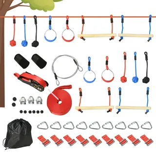 Outsunny Slackline-Set 30 tlg., 10 m Seil mit Hindernissen, Klettergerüst, Outdoor Spielzeug
