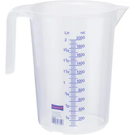 Hünersdorff Messbecher 2l | Polypropylen (PP) | bruchsicher und spülmaschinengeeignet | offener Griff | blaue Skala, Transparent+blau