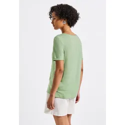 T-Shirt STREET ONE, Damen, Gr. 46, grün (soft jade grün), Jersey, Obermaterial: 50% Baumwolle, 50% Modal, bedruckt, casual, regular fit taillenbedeckt, U-Boot-Ausschnitt, Kurzarm Aufschlag, Shirts, mit Schimmer-Print