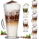 PLATINUX Kaffeegläser mit Motiv max. 280ml Set 6-Teilig aus Glas Latte Macchiato Gläser mit Griff Cappuccino Gläser