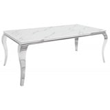 Casa Padrino Designer Esstisch Weiß/Grau/Silber 180 x 95 x H. 75 cm - Rechteckiger Edelstahl Küchentisch mit digitalbedrucktem Sicherheitsglas in Marmoroptik - Moderne Barock Möbel