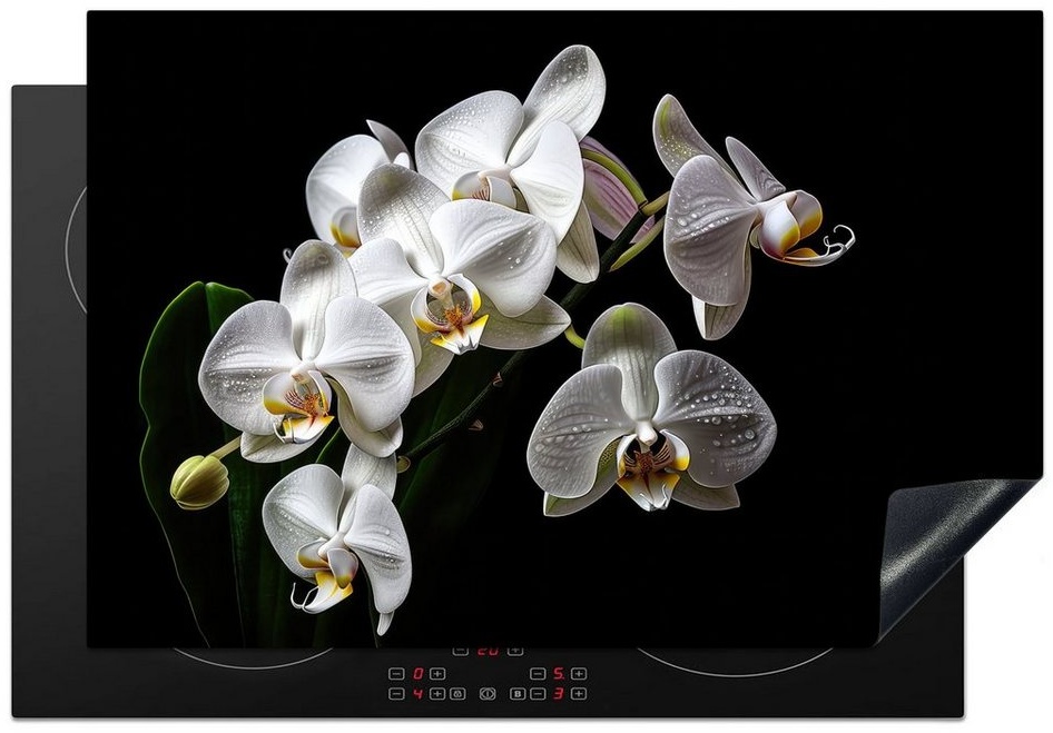 MuchoWow Herdblende-/Abdeckplatte Orchidee - Blumen - Weiß - Natur - Schwarz, Vinyl, (1 tlg), 77x51 cm, Ceranfeldabdeckung, Arbeitsplatte für küche bunt 77 cm x 51 cm x 0.3 cm