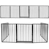 Daromigo Kaminschutzgitter, 304 cm Metall Absperrgitter mit Tür, Ofenschutzgitter Laufstall faltbar Tierschutzgitter Babygitter Sicherung inkl. 5 teilig Elementen, Schwarz