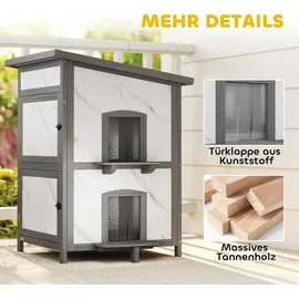 PawHut Katzenhaus aus Holz, 2-stöckiges Outdoor Isolierte Katzenhütte mit Fenster Türen
