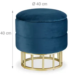 Relaxdays Samthocker mit Stauraum, runder Sitzhocker, gepolstert, Wohnzimmer, H x D: 40 x 40 cm, Hocker Samt, blau/gold