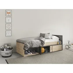 Jugendbett GAMI "ERQUY", schwarz (eiche krönberg hell, schwarz), B:110cm L:204cm, Betten, Bettgestell Jugendbett, Einzelbett