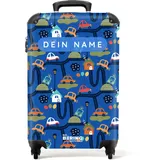 NoBoringSuitcases.com® Kinderkoffer Jungen - Koffer Kinder - Hartschalenkoffer Autos - Koffer Blau Bunt - Reisekoffer - Trolley Kinder Jungs - 55x40x20 - Handgepäck - Rollkoffer - Personalisiert