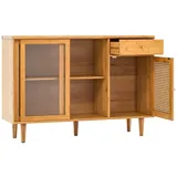 COSTWAY Küchenbuffet mit Glas Schiebetür, Rattantür & Schublade 120x35x83cm beige