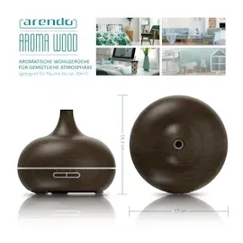 Arendo Luftbefeuchter, Aroma Diffuser in Holz Design mit LED, Diffusor, Timer Funktion, 7-Farben Wechsel, 300ml, Dunkelbraun