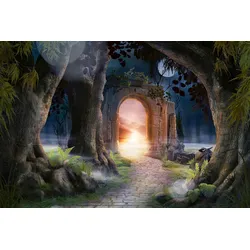 Fototapete PAPERMOON "MÄRCHEN-LANDSCHAFT-ARKADE BÄUME FANTASIE SONNE MOND", bunt, B:3,50m L:2,60m, Vlies, Tapeten