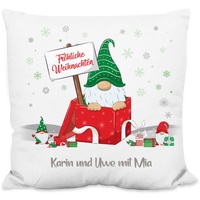 True Statements Weihnachtskissen personalisiert „Fröhliche Weihnachten“ - mit Wichtel-Motiv (grün) - 40x40cm, inkl. Kissen-Füllung - Zierkissen Geschenk Weihnachten (Flauschiges Kissen)