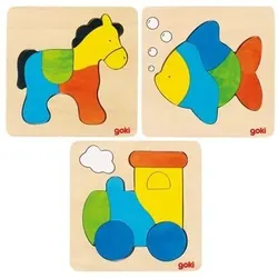 GOKI 57436 Einlegepuzzle Pferd, Fisch, Lokomotive, sortiert