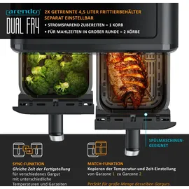Arendo Heißluftfritteuse XXL Doppelkammer 9L schwarz