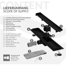 luxebath Duschrinne 90 cm 2in1, befliesbar, extra flach, Edelstahl, Schwarz,