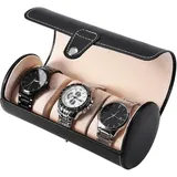 Yowmina Uhrenbox Organizer, Uhrenrolle Watch Box, 3 Slots der zylindrische Uhrenbox, Uhrenrolle Tragbare, Watch Travel Case for Men, PU Leder Uhren Organizer, Vintage Uhrengehäuse, Schwarz