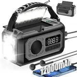 12000 Mah Solar-kurbelradio, Tragbares Am/fm-radio Mit Telefonladegerät, 2 Solarpanels, Sos-alarm, Taschenlampe Für Camping, Outdoor, Notfall – Grau