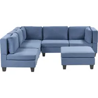 Beliani 5-Sitzer Ecksofa Leinenoptik blau rechtsseitig mit Ottomane UNSTAD