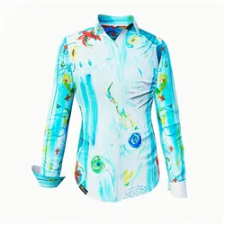 NARINA - Hellblaue Bluse mit farbiger Zeichnung - GERMENS XS