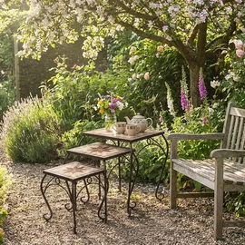 Harms Import 3er Set Hocker Beistelltische Garten schwarz bunt Keramik Stahl Mosaik Blumen