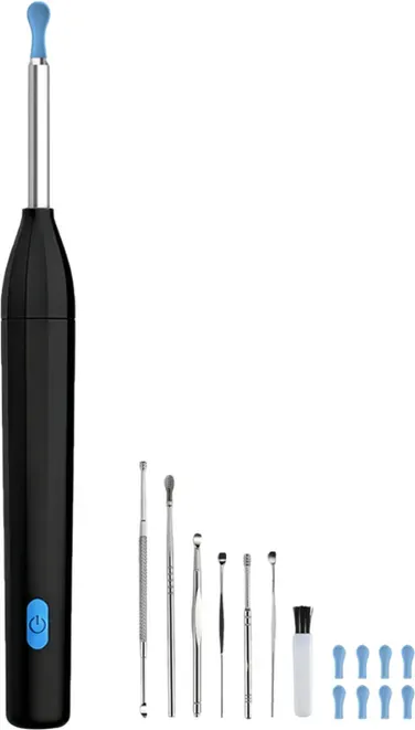 Sunluxy Ohrschwamm-Entferner mit 5-MP-Kamera, 6 LED-Lichter, weiche Silikonspitzen, IPX5 wasserdicht, wiederaufladbar über USB-C, kompatibel mit iOS & Android – P2, Schwarz