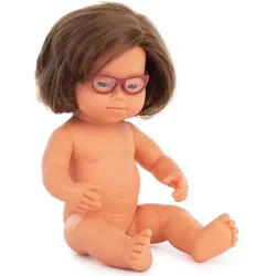 miniland dolls Babypuppe europäisches Mädchen ohne Kleidung, mit Down-Syndrom und Brille