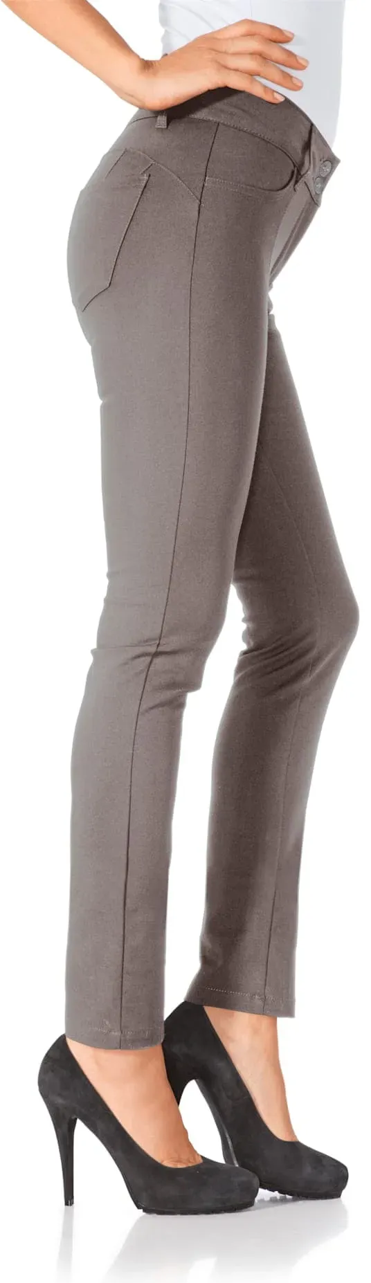Röhrenhose HEINE, Damen, Gr. 19, Kurzgrößen, grau (taupe), 48% Baumwolle, 45% Polyester, 7% Elasthan, Miedereinsatz:15% Elasthan, 85% Polyamid, unifarben, lang, Hosen