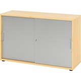 bümö Schiebetürenschrank "2OH" - Aktenschrank abschließbar, Sideboard Schrank mit Schiebetüren in Ahorn/Silber - Büroschrank aus Holz mit Schiebetür,