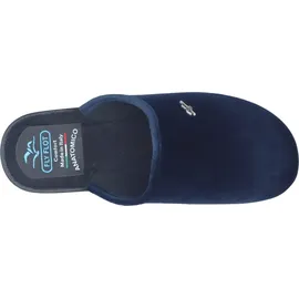 FLY FLOT Damen Pantoffel Textil Hausschuh samtig weiche Haptik und Keilabsatz, Größe:39 EU, Farbe:Blau - 39