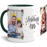 Tasse - Lieblings-Papa - zum selbst Gestalten mit zwei Fotos - personalisierbare Fototasse für Papa aus Keramik, Innen & Henkel Dunkelgrün, 300 ml