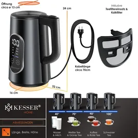 Kesser KESSER® Wasserkocher Edelstahl 1.7 Liter LED-Anzeige 4-Modi Temperatureinstellung 40°C-100°C 30min Warmhalten elektrischer Teekocher 2200W BPA-Frei Kalkfilter | Easy-Open-Deckel