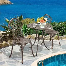 Goplus 3 tlg. Bistro Set, mit 2 Stühlen, Gartenmöbel Set, Alu, Gartenset Balkonset antik, Balkonmöbel Set Sitzgruppe Outdoor Bronze