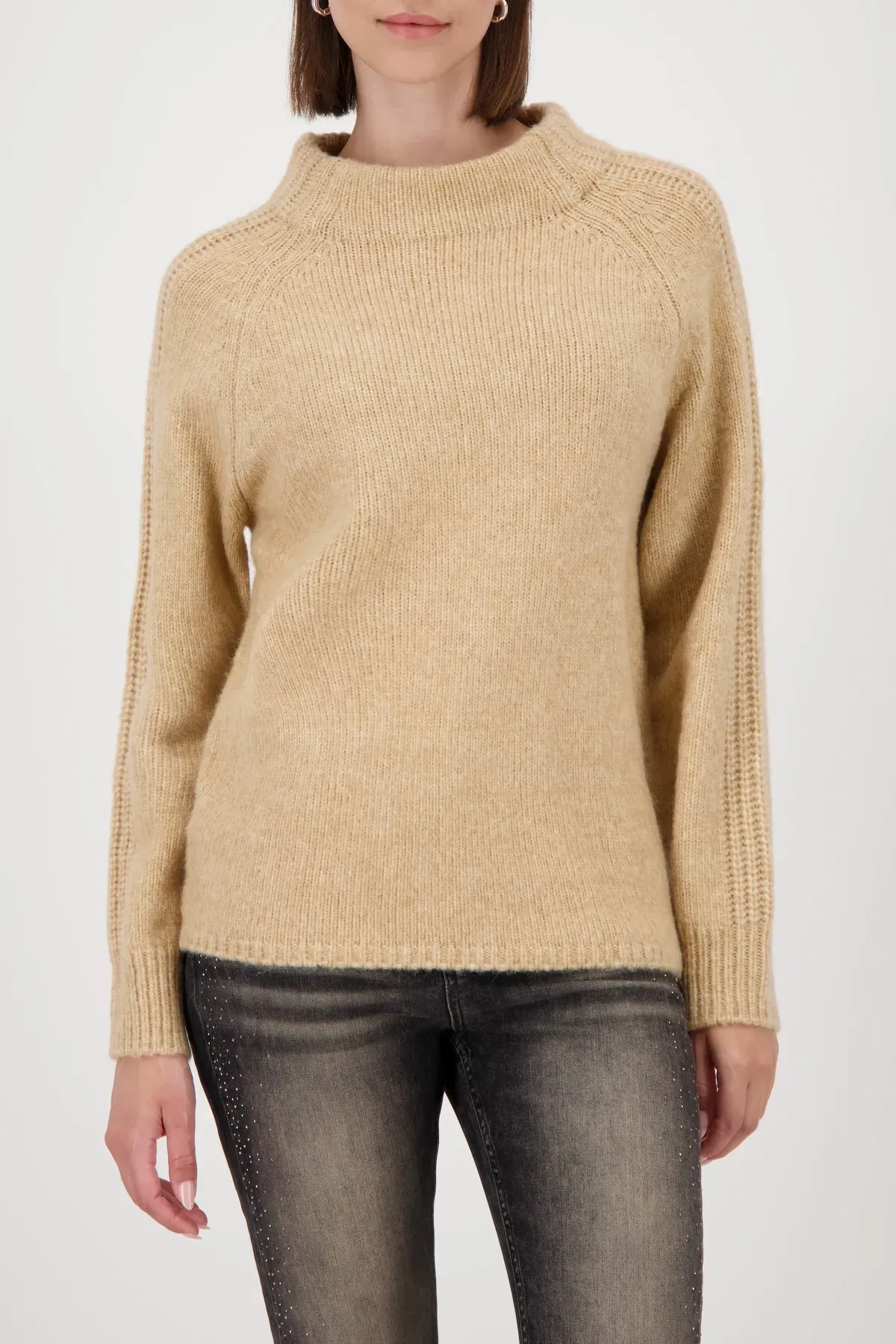 Strickpullover MONARI, Damen, Gr. 36, beige, Strick, Obermaterial: 50% Polyacryl, 28% Polyester, 13% Wolle, 9% Alpaka, clean, unifarben, regular fit hüftlang, Rundhals, Raglanärmel Rippstrickbündchen, Pullover Strickpullover, mit Stehkragen