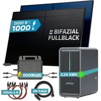 sunniva Balkonkraftwerk Full Black Bifazial 1000 W inkl. 2,24 kWh Speicher + 2 x 500 W N-Typ Glas-Glas Bifacial Module